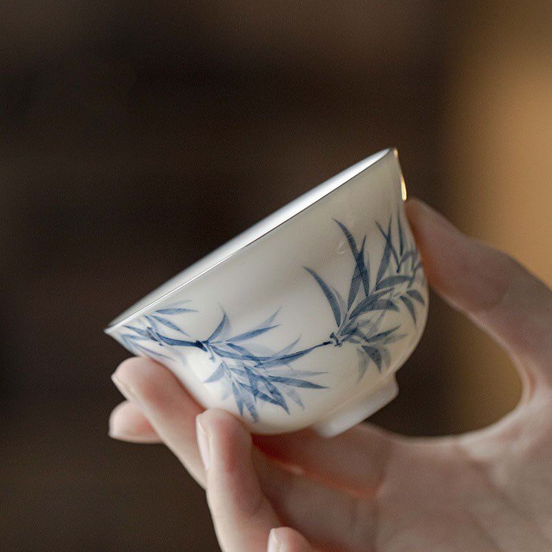纯手绘竹子描银大号葫芦主人杯茶杯家用陶瓷品茗杯功夫茶具单个杯