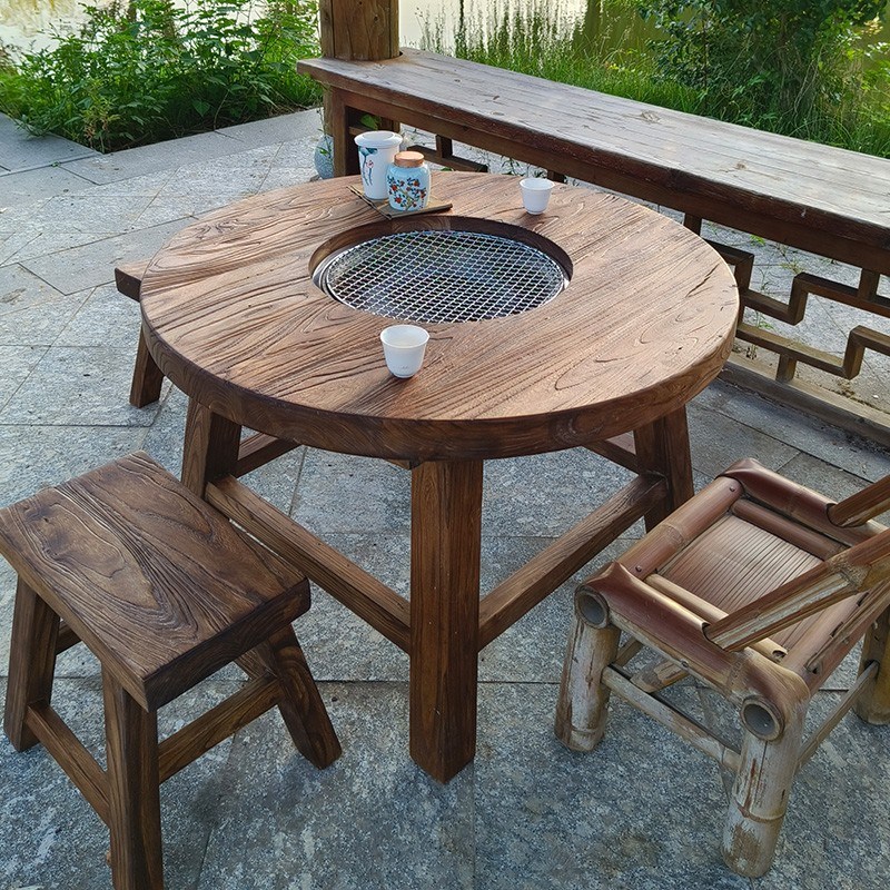老榆木围炉煮茶桌全实木烧烤火锅餐桌家用阳台原木小圆桌围炉冰茶