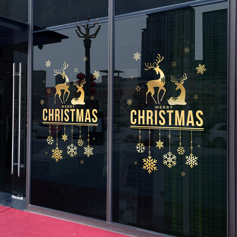 耶诞节玻璃贴耶诞窗贴门贴静电贴纸贴画金色装饰场景布置店铺装扮