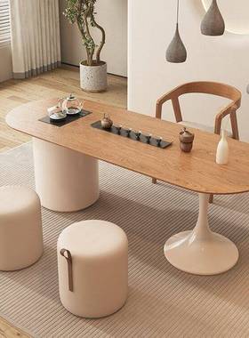 奶油风家用茶息台原NRY木一体式阳泡茶桌台会休闲茶客台休室接待