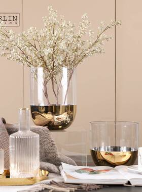 美联饰界生奢花玻璃花器透明态瓶磨轻制电镀彩色花瓶金色玻HPBL00