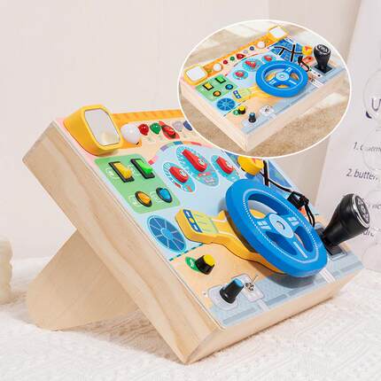小928儿童木质学拟习驶益智驾玩具模汽车led车方向盘开关忙碌板