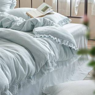 软糯清新色婴ZH儿色全肤棉双层纱四套纯亲简约被套床件单床上用品