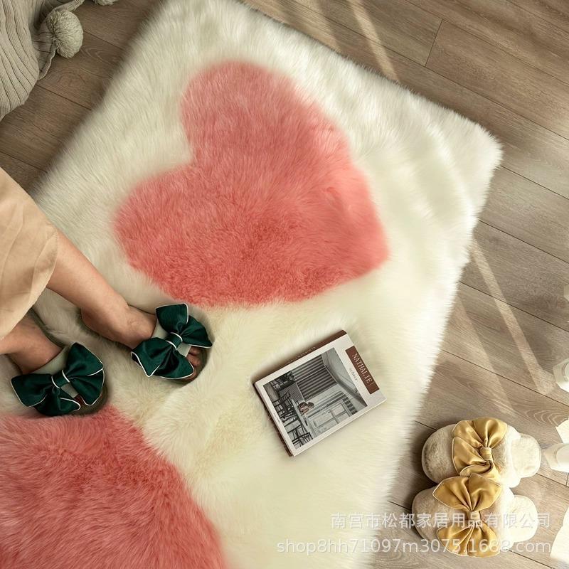 仿羊床地边毯粉色心形长毛地垫婚毛沙房75808242女儿房可爱飘窗毯