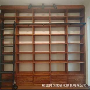 老榆木书架整面墙书柜实木书格置架满墙AFP架子书架落地物架