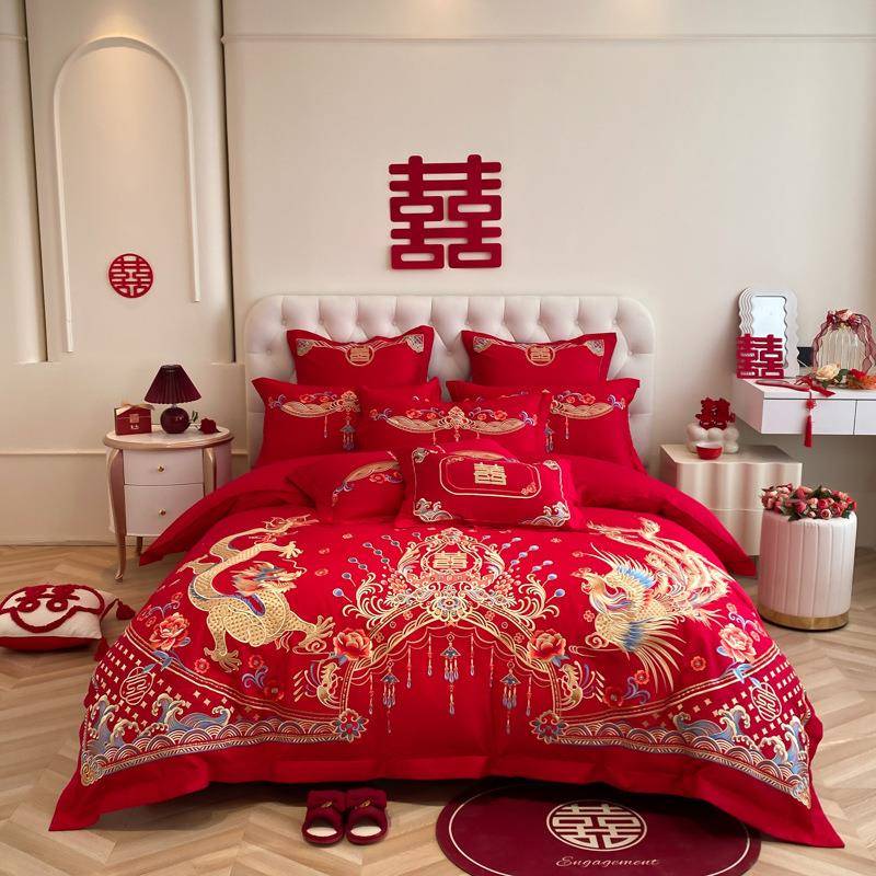 中式结重婚大龙红23256色时凤四件套新婚亲肤棉尚工刺绣床上用品