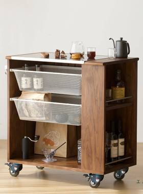 移动岛台柜实木厨房小推吧FDF茶水樱桃木中台车岛台餐边柜