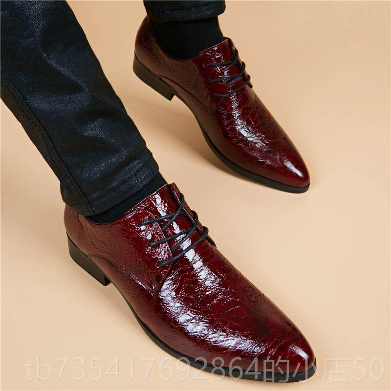 正品软皮正装商务闲潮鞋男真皮尖休头亮皮韩版流内增皮高男士皮鞋