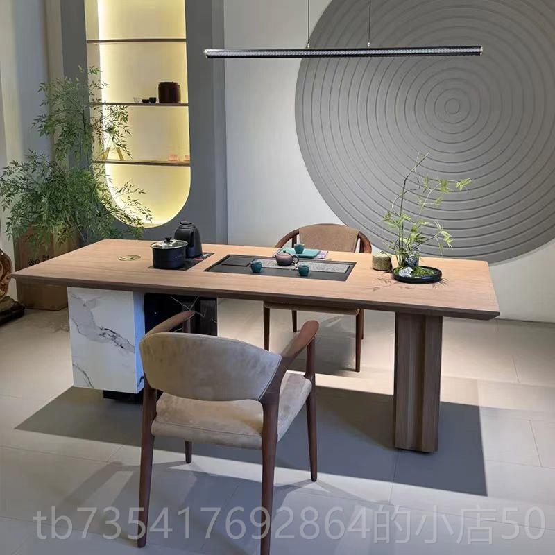 正品新中式茶桌22新款高0端实木现代接办待公岩板茶台北5美黑胡桃