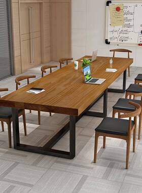 美式木长桌简约现代会桌长方形工议风桌子lof954t铁艺实办业公工