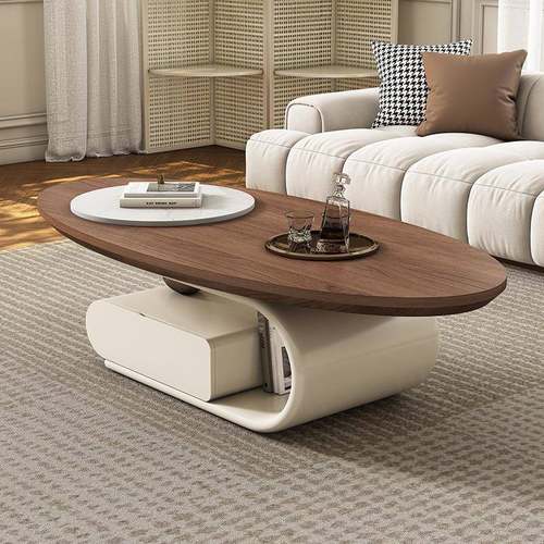 现代约中古茶几简胡桃色轻奢家用小户型风木实复古奶油风椭圆HIQ