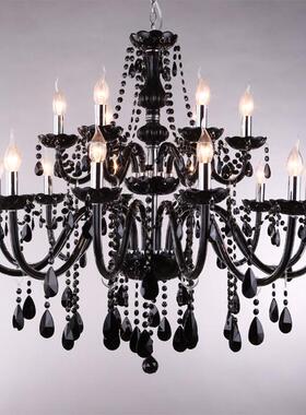 10V+5头双层黑色水晶吊灯15黑蜡烛灯8124-10+酒店工程KT展厅色主