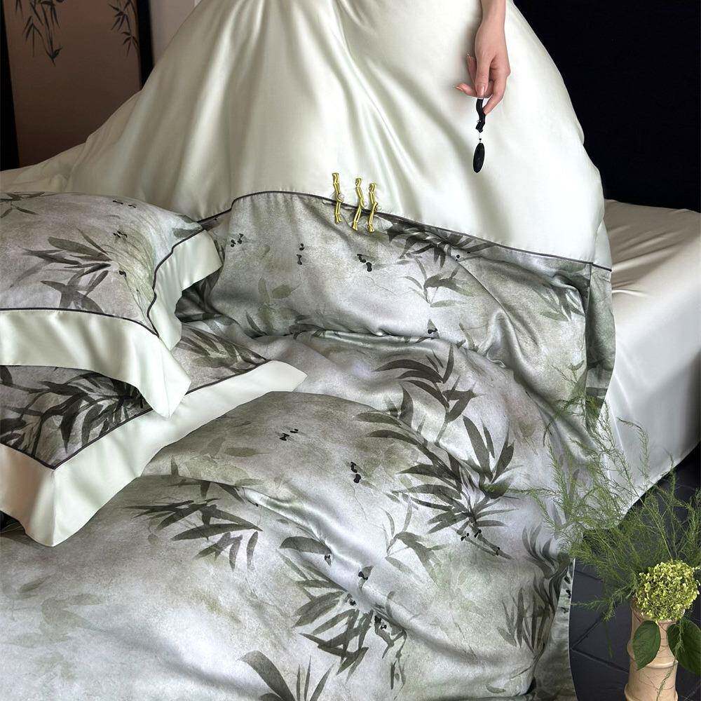 新中式国风长绒四件套上MDS竹花子水墨数码印被棉套纯棉床用品