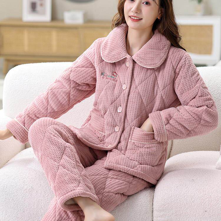 冬季中年妈妈睡衣女珊瑚绒夹棉袄三层加厚保暖可外穿加大码家居服