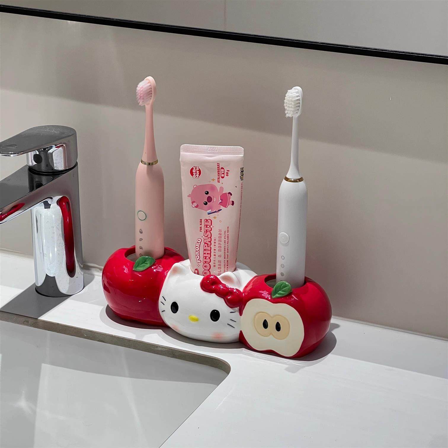 可爱电动牙刷架创意苹果猫陶瓷卫生间洗漱台情侣牙刷牙膏置物架