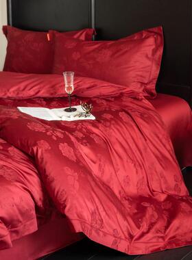 A类10支轻0奢复古长绒棉国际A类庆四件套结婚红色高婚档纯棉婚房