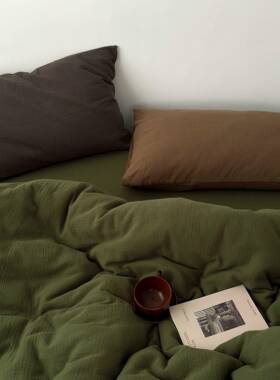 A类双层纱拉布皱皱肌理感全美德四纱件套棉纱布纯棉床单床笠UHJ柔