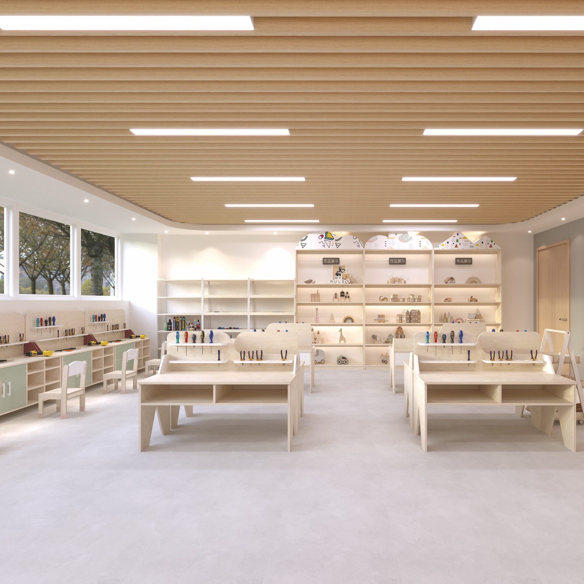 幼儿园木工坊作品展示收纳桌椅