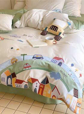 青套少年儿童用孩100支长绒棉wxxy3213四件全棉卡通被套宿舍男床