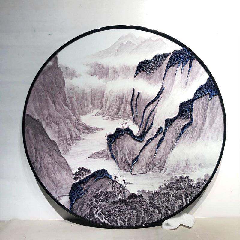 新中式客装饰画画挂实LEN物立厅体画圆形钉子画山水墙壁样板间别