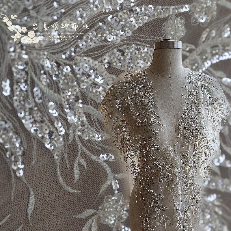 新款欧式闪亮羽毛钉珠亮片香槟色刺绣蕾丝z3礼服设计师面料辅料
