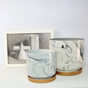 陶瓷上釉仿大理石纹艺术现代花盆鲜花花卉绿萝盆栽圆形大号带托盘