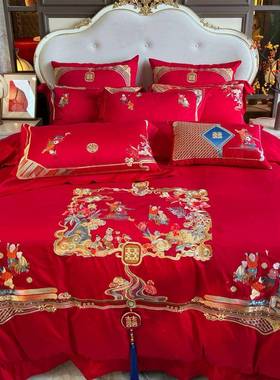 结婚四红六件套婚LMC庆床上用品百子图件套套100被支红色婚礼大嫁