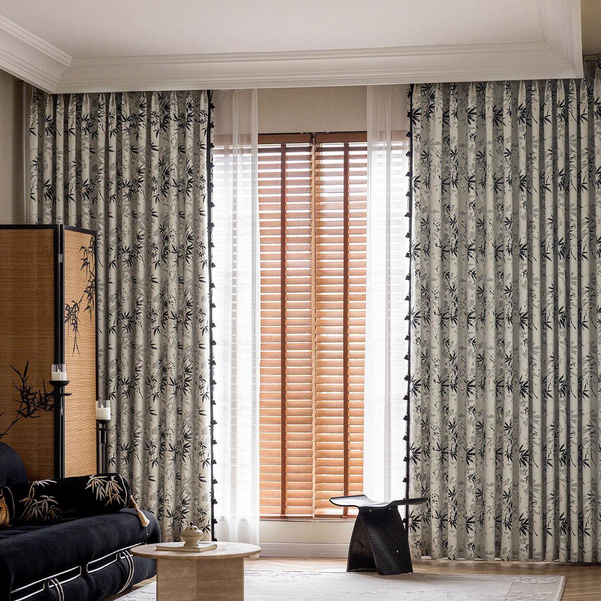 优雅115尔法式叶仿水竹墨雪尼卧窗帘加厚遮光防晒客厅室阳台中式