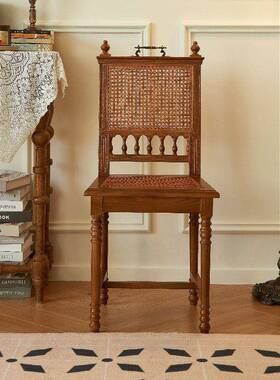 沉光手用椅法式复古LWE实木家椅美式餐厅家藤编餐椅用卧提室梳妆