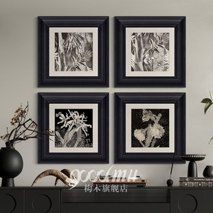 高级感法式黑白玄关斗柜挂画植物花卉客厅餐厅装饰画中古风床头画