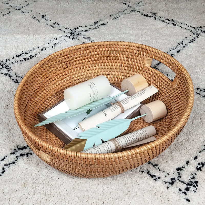 越南秋藤编收纳篮椭圆形有手提桌面客厅水果篮储物杂物收纳筐