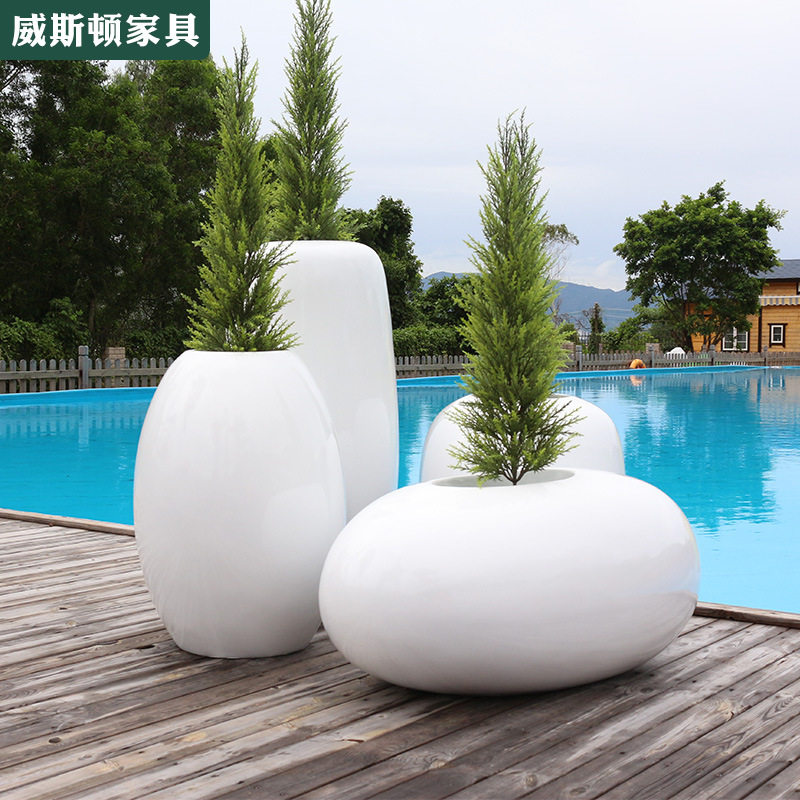 深圳玻璃钢鹅卵石花盆做旧复古仿石别墅花园园艺绿植创意欧式复古