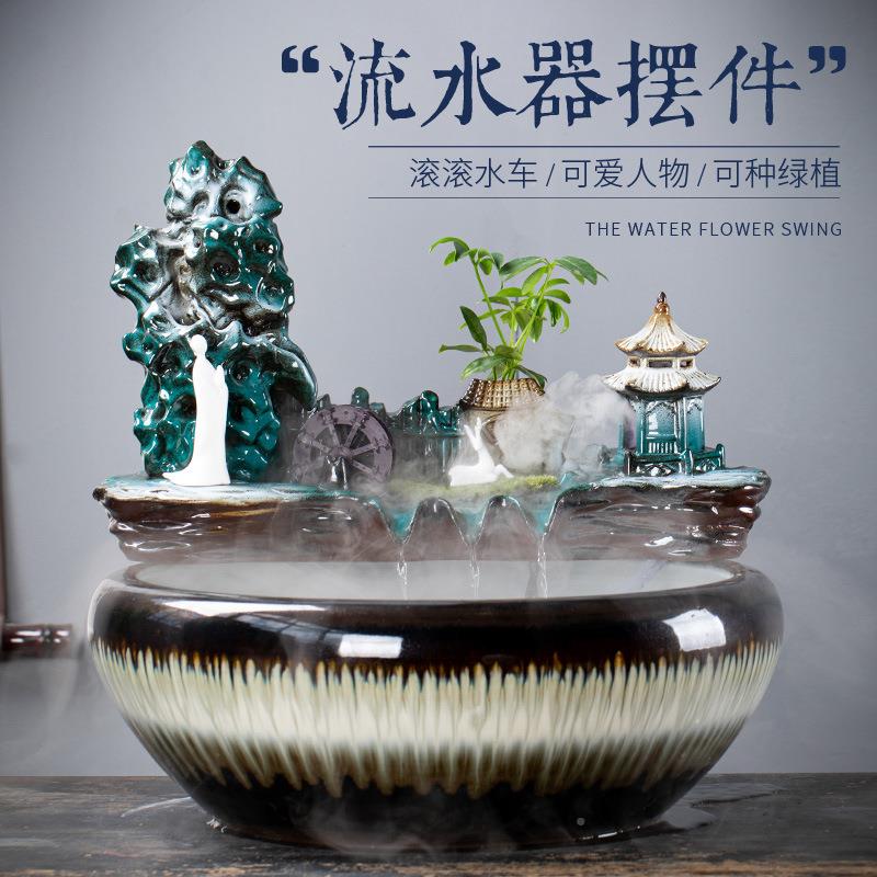 瓷自动循环流水鱼陶盆鱼缸鱼装池过滤器喷泉瀑布造环景饰摆件HLO