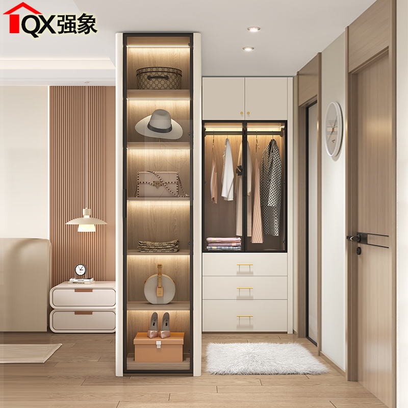 定制奶油风衣柜隔断式L型转角衣柜衣帽间一门到顶经济型衣橱A31