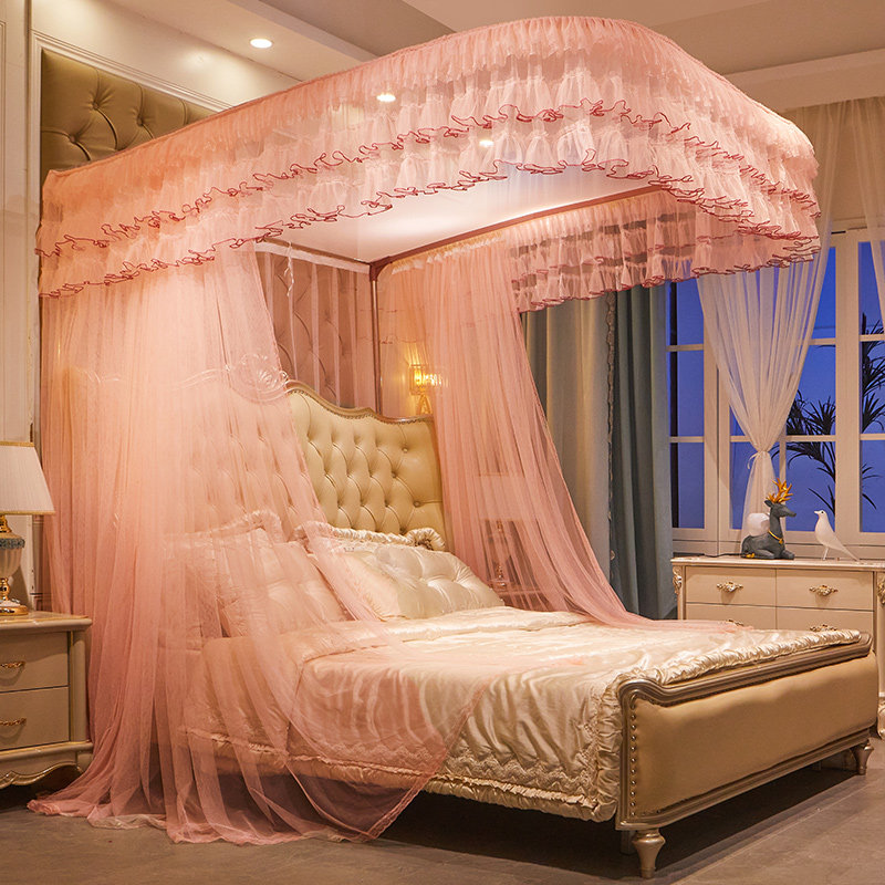 新款导轨蚊帐家用 1.5米1.8m床加密加厚u型滑轨道公主宫廷落地式2