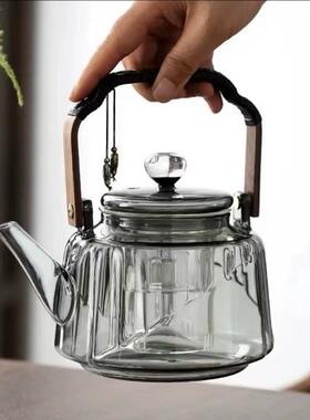 家用大容量蒸煮茶烟灰色749木把玻璃空茶壶煮星壶壶提梁壶蒸煮一