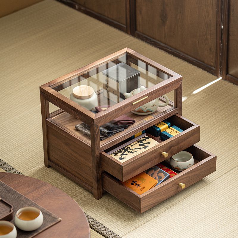 桌面茶壶收纳盒子黑胡桃木茶杯茶具架玻璃收纳柜实木整理展示柜子