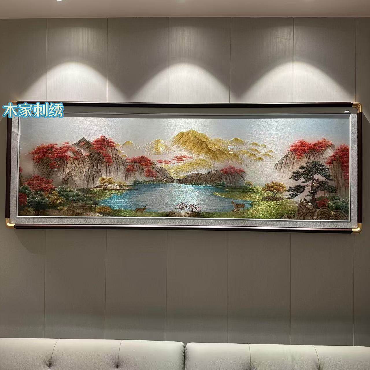 鸿运当头聚宝盆山水刺绣挂画中式苏绣山水画客厅背景墙沙发装饰画
