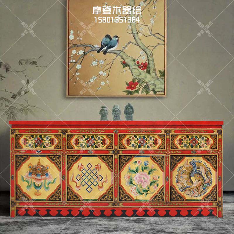藏式彩绘佛龛藏八宝供桌做旧柜子复古储物柜边柜中式仿古实木家具