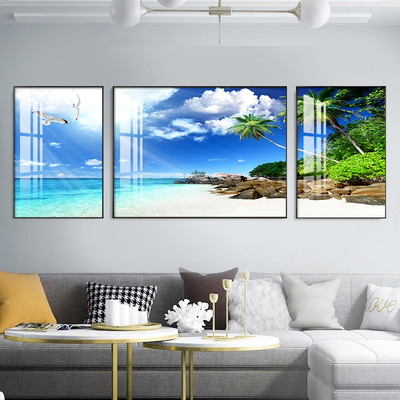 海边风景客厅装饰画现代简约大气沙发背景墙壁画海景码头三联挂画