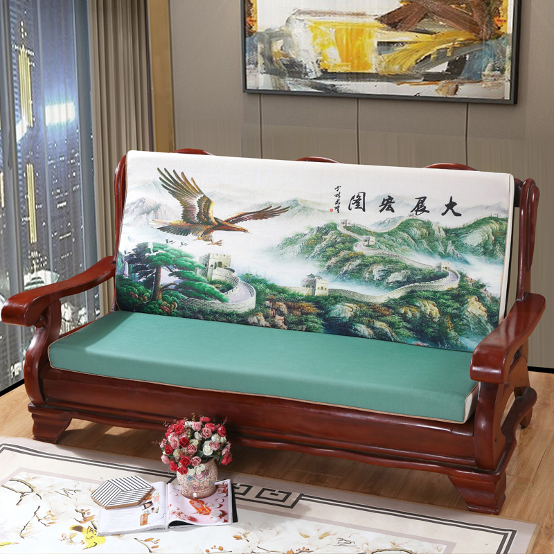 加厚实木沙发垫三人带靠背连体海绵加厚棉麻凉板春秋木椅坐垫四季