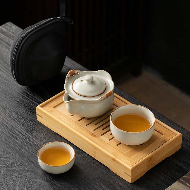 米黄汝窑快客杯一壶一杯单个人专用便携式旅行茶具手抓泡茶壶茶杯