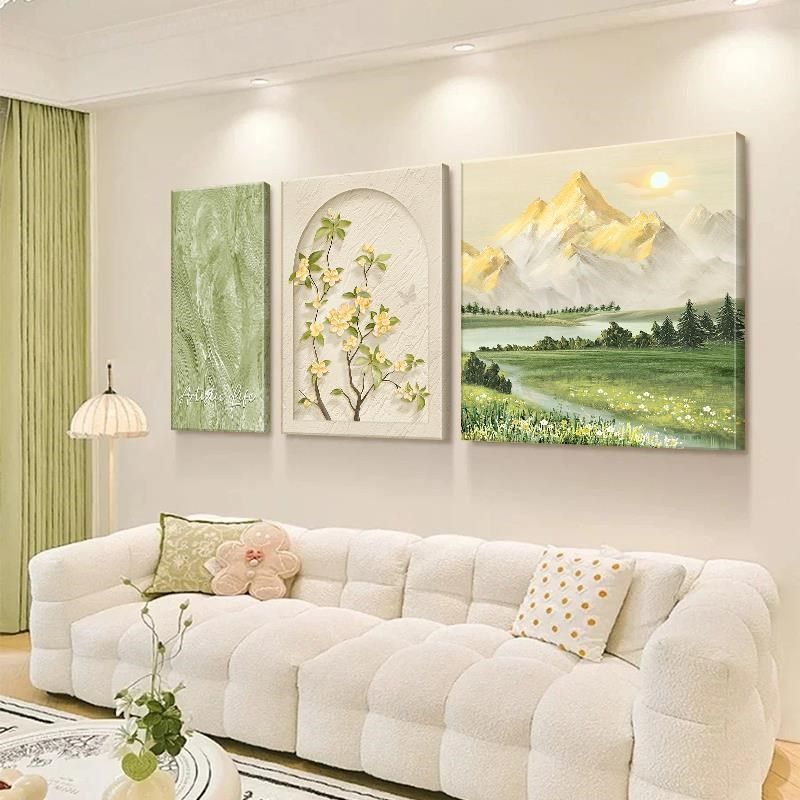 日照金山沙发背景墙挂画清新绿植素雅三联画高端客厅装饰画,家居饰品,现代装饰画,淘宝优惠券,粉丝福利购,淘宝优惠卷