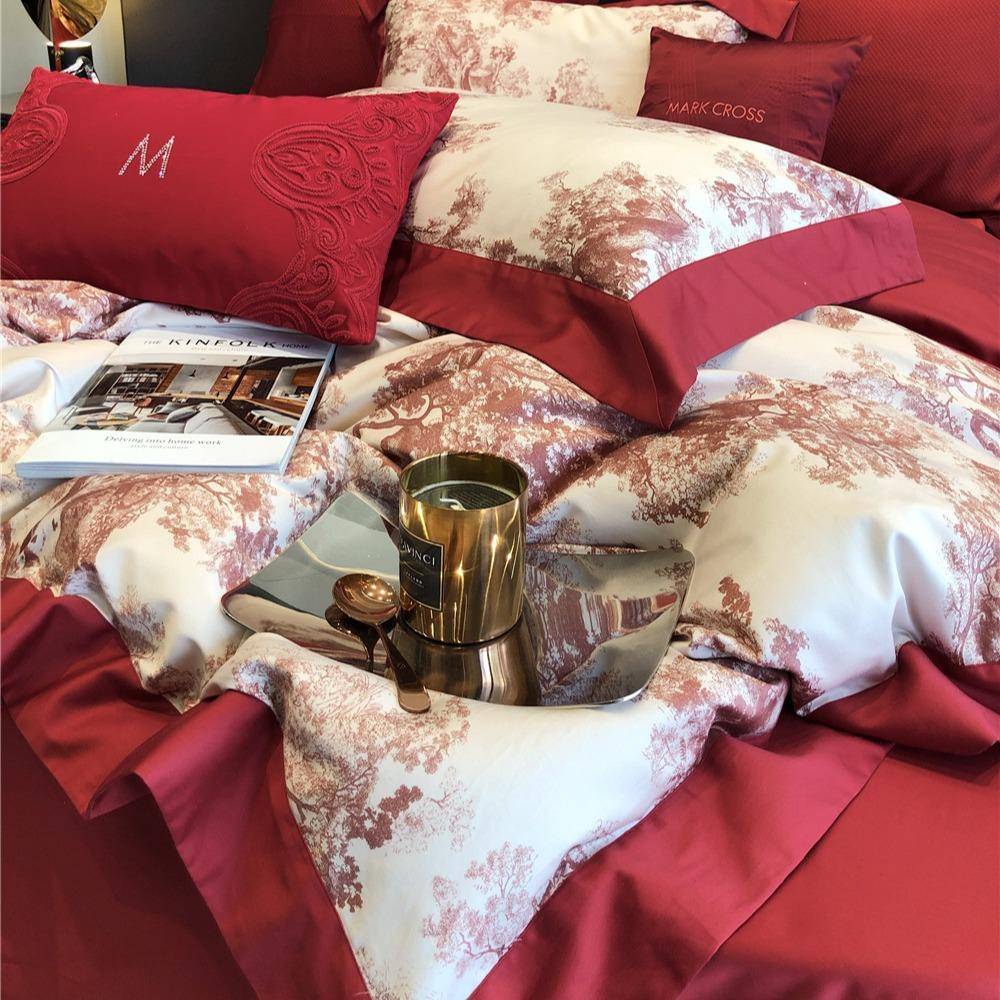 高色档棉婚庆红长结绒棉四件套纯中式花CML卉印花刺绣床上用品