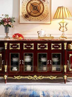 欧式餐边柜实储木檀色大理59754石面色圆弧红形碗柜物柜玄关柜酒