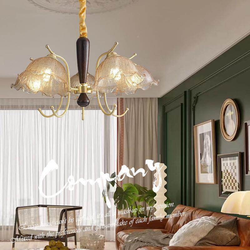 法式奶油全铜奢胡桃木花朵吊灯全光谱护眼美式古轻客复775厅餐厅,家装灯饰光源,智能吊灯,淘宝优惠券,粉丝福利购,淘宝优惠卷