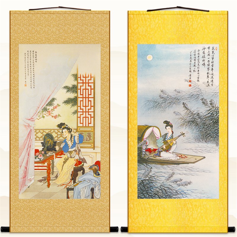 花木兰理妆图 琵琶行 仕女人物卷轴挂画 书房绢布丝绸装饰画定制
