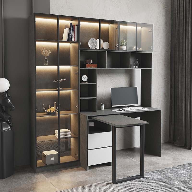 书桌书架一体整墙电脑台式桌家用卧室衣柜书柜组合转角学习桌定制