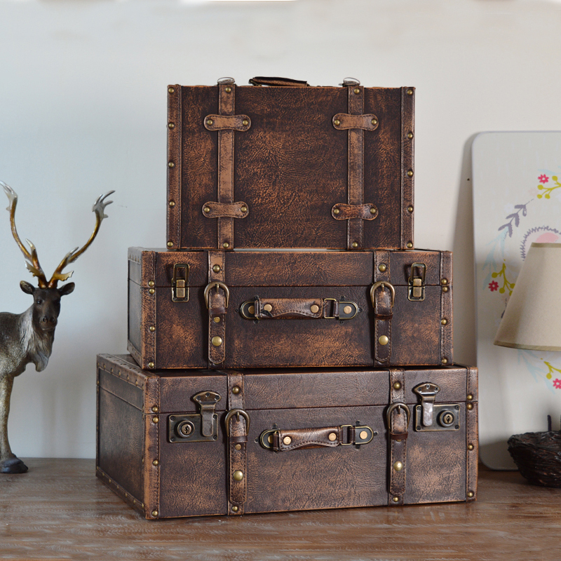 欧式复古做旧手提箱整理储物木箱子收纳橱窗陈列摄影道具木质皮箱