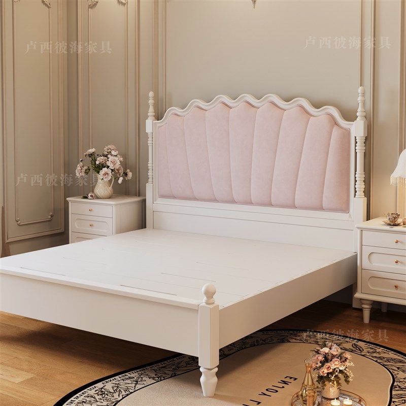 榫卯满铺法式奶油风实木1米8乘2米大床架白色粉色女生卧室公主床